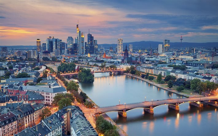 Germany, Frankfurt am Main, evening city, Main River, bridge