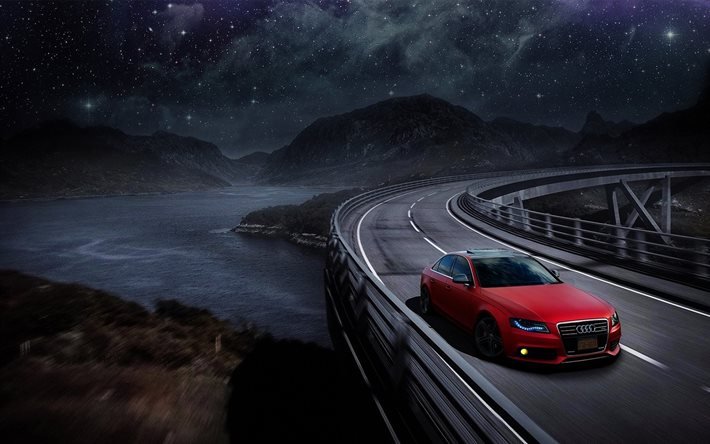 nightscape, Audi A4, yol, ayarlama, kırmızı a4, Alman otomobil, Audi