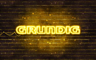 Grundig yellow logo, 4k, yellow brickwall, Grundig logo, brands, Grundig neon logo, Grundig