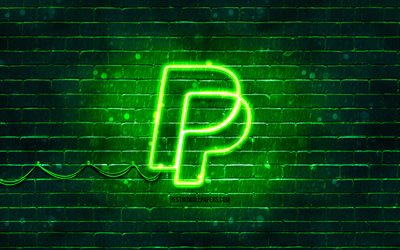 logotipo verde de paypal, 4k, pared de ladrillo verde, logotipo de paypal, sistemas de pago, logotipo de ne&#243;n de paypal, paypal