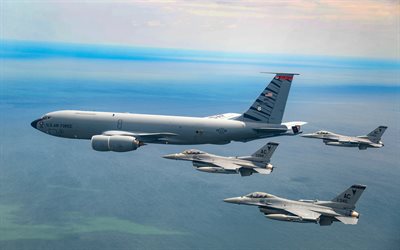 Boeing KC-135 Stratotanker, military aerial refueling aircraft, General Dynamics F-16 Fighting Falcon, US Air Force, KC-135R, F-16, refueling in the air, USAF, USA, american military aircraft