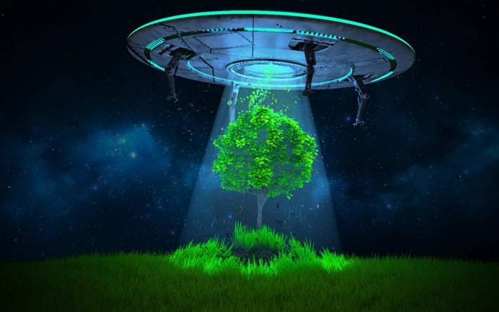 aliens, tree, ufo, night, starry sky