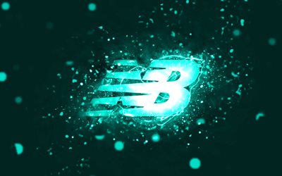 New Balance turquoise logo, 4k, turquoise neon lights, creative, turquoise abstract background, New Balance logo, fashion brands, New Balance