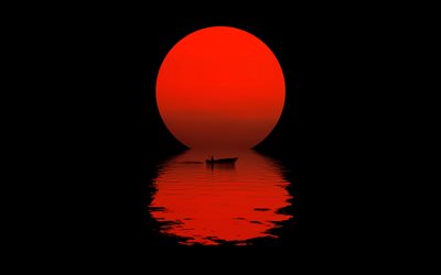 4k, lune rouge, mer, silhouette de p&#234;cheur, bateau, r&#233;flexion, minimalisme de la lune, lune