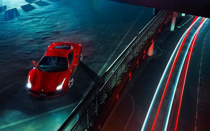 Ferrari 488 GTB, 2016, notte, supercar, parcheggio, parcheggio gratuito, semaforo, rosso ferrari