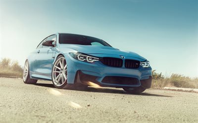 BMW M4, 4k, tuning, 2020 cars, road, F82, supercars, 2020 BMW M4, german cars, BMW, Blue BMW M4