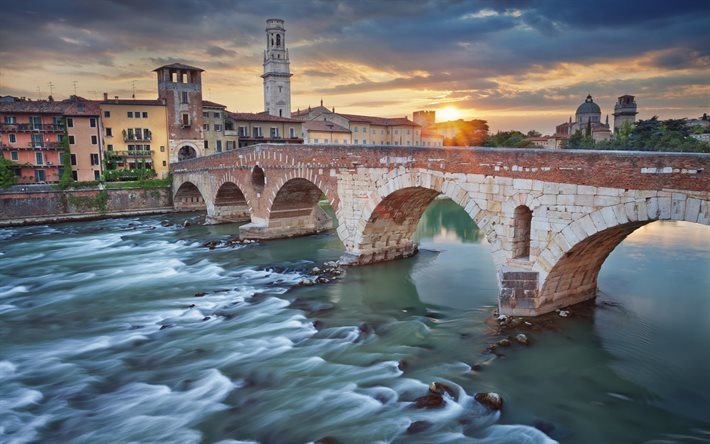 Verona, Ponte De Pedra, It&#225;lia, casas antigas, p&#244;r do sol