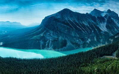 4k, Peyto Lake, aerial view, blue lake, summer, Banff, mountains, Banff National Park, Canada, beautiful nature, Alberta