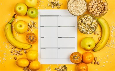 Plan de dieta, frutas, nueces, conceptos de dieta, plan de dieta semanal, calendario de dieta semanal, plantilla de calendario de dieta