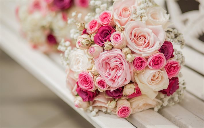 美しい花束, ブーケのバラの花, 白バラの花, ピンク色のバラ, 結婚式の花束