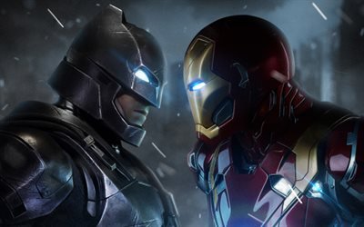 Batman vs Iron Man, notte, supereroi, battaglia, Batman, Iron Man
