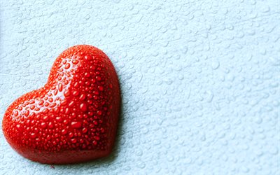 cuore rosso 3D, gocce d&#39;acqua, concetti di amore, creativo, sfondi blu, cuori