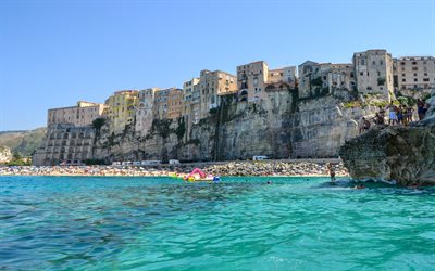 Tropea, italian city, houses on a cliff, beaches, summer, resort, Mediterranean sea, Calabria, Italy