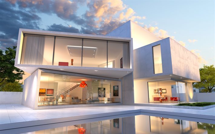 nykyaikaisen kodin suunnittelu, ulkoa, lasimaalauksia, neli&#246;n muotoisia, kuutiot, uima-allas, moderni talo