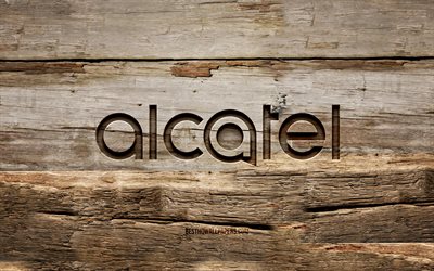 Alcatel wooden logo, 4K, wooden backgrounds, brands, Alcatel logo, creative, wood carving, Alcatel