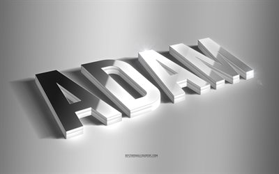 Adam, silver 3d art, gray background, wallpapers with names, Adam name, Adam greeting card, 3d art, picture with Adam name