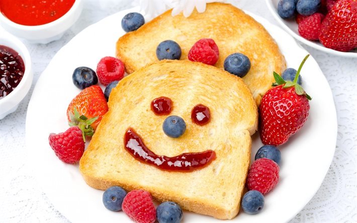 breakfast, toast, breads, fruit, strawberries, breakfast for children, blueberries