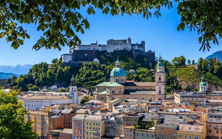 Salzburg, &#214;sterrike, sommar, Salzburg-Katedralen, F&#228;stningen berg, Hohensalzburg Slott