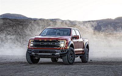 Ford F-150 Raptor, 2021, 4k, front view, exterior, red SUV, new red F-150 Raptor, american cars, Ford