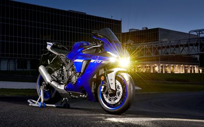 ヤマハYZF-R1, 4k, ヘッドライトだ, 2021バイク, スーパーバイク, 青いオートバイ, 2021ヤマハYZF-R1, ヤマハ