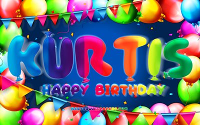 Happy Birthday Kurtis, 4k, colorful balloon frame, Kurtis name, blue background, Kurtis Happy Birthday, Kurtis Birthday, popular german male names, Birthday concept, Kurtis