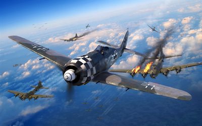 focke-wulf fw 190 wurger, boeing b-17 flying fortress, seconde guerre mondiale, ww2, avion militaire, &#233;tats-unis, allemagne