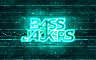bassjackers logotipo turquesa, 4k, superestrellas, djs holandeses, brickwall turquesa, logotipo de bassjackers, marlon flohr, ralph van hilst, bassjackers, estrellas de la m&#250;sica, logotipo de ne&#243;n de bassjackers