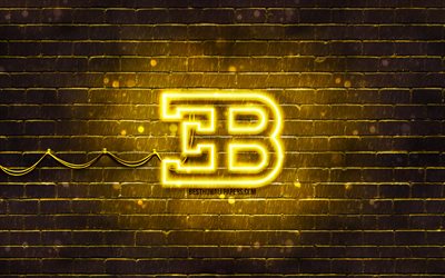 Bugatti yellow logo, 4k, yellow brickwall, Bugatti logo, cars brands, Bugatti neon logo, Bugatti