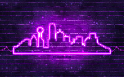 Dallas violet neon silhouette, 4k, violet neon lights, Dallas skyline silhouette, violet brickwall, american cities, neon skyline silhouettes, USA, Dallas silhouette, Dallas