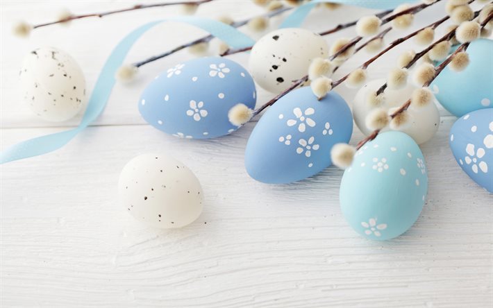 Easter, willow, spring, blue easter eggs, easter decoration