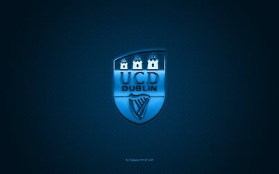 ユニバーシティカレッジダブリンfc, アイルランドのサッカークラブ, 青いロゴ, 青い炭素繊維の背景, リーグオブアイルランドプレミアディビジョン, フットボール, ダブリン, アイルランド, ユニバーシティカレッジダブリンfcロゴ