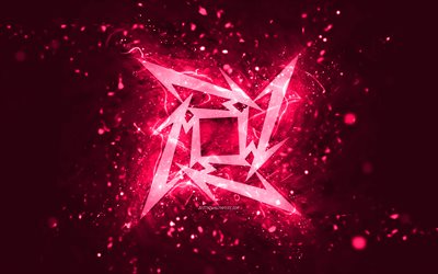 شعار ميتاليكا الوردي, 4k, أضواء النيون الوردي, خلاق, خلفية مجردة الوردي, شعار metallica, نجوم الموسيقى, ميتاليكا