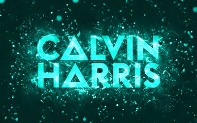 شعار calvin harris باللون الفيروزي, 4k, دي جي الاسكتلندي, أضواء النيون الفيروزية, خلاق, خلفية مجردة الفيروز, آدم ريتشارد ويلز, شعار كالفن هاريس, نجوم الموسيقى, كالفين هاريس