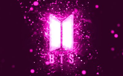 bts violetti logo, 4k, purppura neon valot, luova, violetti abstrakti tausta, bangtan boys, bts logo, musiikkit&#228;hdet, bts, bangtan boys logo