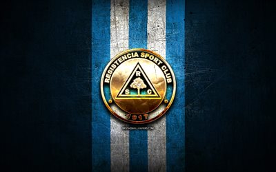 Resistencia FC, golden logo, Paraguayan Primera Division, blue metal background, football, Venezuelan football club, Resistencia SC logo, soccer, Venezuelan Primera Division, Resistencia SC