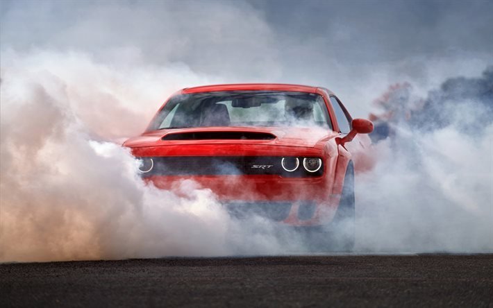 Dodge Challenger SRT, 2018 cars, smoke, supercars, red Challenger, Dodge