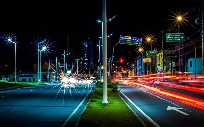 Sao Paulo, nightscape, traffic lights, road, Brazil
