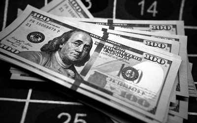 amerikanska dollar, 100 dollar r&#228;kningar, svartvitt, finansiering begrepp, bakgrund med dollar, dollarsedlar