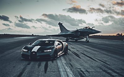 Bugatti Chiron, 4k, hypercars, Dassault Rafale, HDR, supercars, fighters, Bugatti