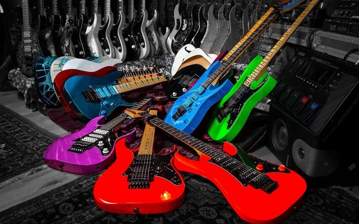 guitarras el&#233;ctricas, instrumentos de m&#250;sica, colorido guitarra, altavoces