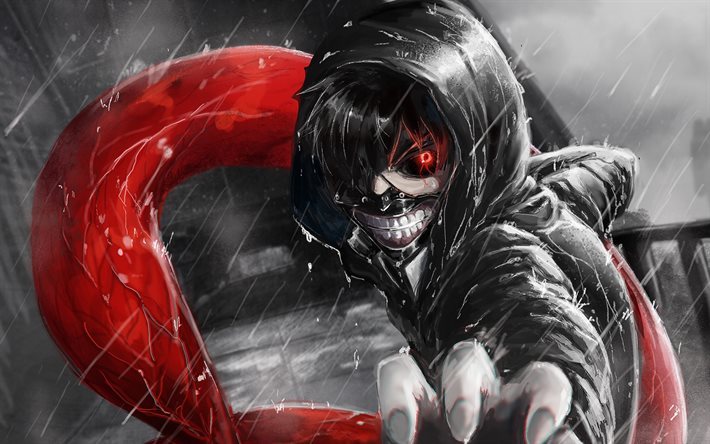 Kaneki Ken, rain, red eyes, Tokyo Ghoul