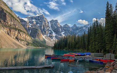 Moraine Lake, morning, glacial lake, forest, boats, mountain landscape, Banff National Park, Canada