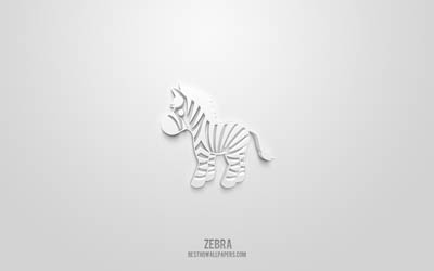 Zebra 3d icon, white background, 3d symbols, Zebra, Animals icons, 3d icons, Zebra sign, Animals 3d icons