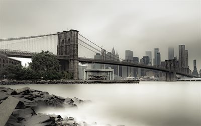 Nueva York, Puente de Brooklyn, Manhattan, niebla, ma&#241;ana, paisaje urbano, Estados Unidos