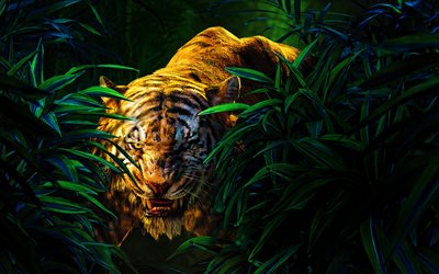 angry tiger, 4k, jungle, 3D art, predators, cartoon tiger, wildlife, tigers