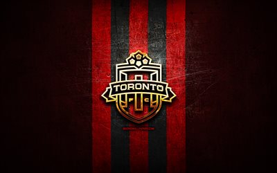Toronto FC II, golden logo, USL League One, red metal background, american soccer club, Toronto FC II logo, soccer, Toronto II