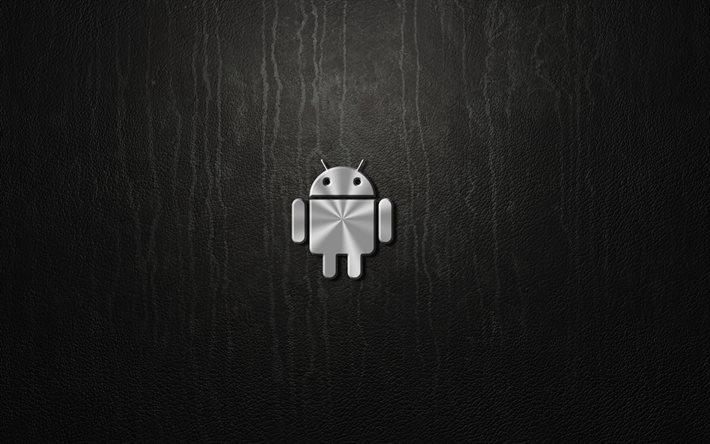 Android, 4k, logo in metallo, sfondo grigio
