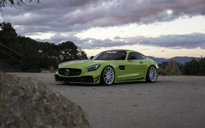 Mercedes-AMG GT C Roadster, 2017, green sports coupe, tuning, white wheels, supercar, Mercedes