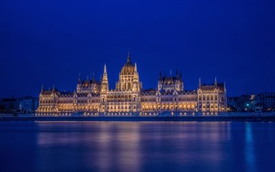 Palazzo del Parlamento ungherese, Budapest, fiume Danubio, sera, tramonto, punto di riferimento, Parlamento di Budapest, Ungheria