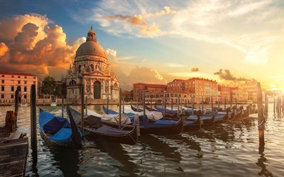 Veneza, Grande canal, catedral, barcos, manh&#227;, nascer do sol, It&#225;lia, paisagem urbana de Veneza